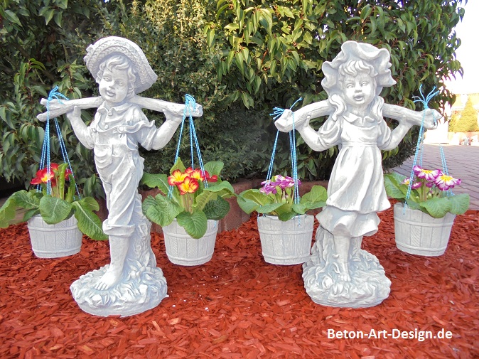 Gartenfiguren Set, Junge & Mädchen mit 2 Blumentöpfen, Park & Gartendekoration, Steinguss, Skulpturen