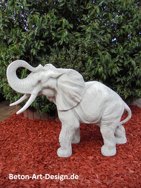 Gartenfigur, großer Elefant mit Stoßzähnen 67 cm, Statue, Skulptur, Park & Gartendekoration, Steinfigur