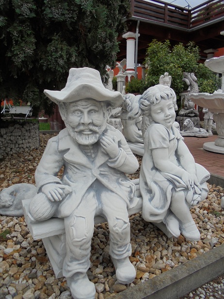 Gartenfiguren Set, Opa & Enkelkind auf Gartenbank, groß, Steinfiguren, Statuen, Park & Gartendekoration, Steinguss