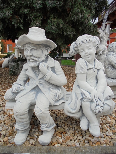 Gartenfiguren Set, Opa & Enkelkind auf Gartenbank, groß, Steinfiguren, Statuen, Park & Gartendekoration, Steinguss