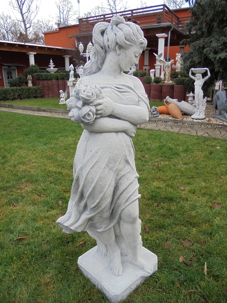 Gartenfigur, Frau mit Blumenstrauß, Statue, Skulptur, Park & Gartendekoration, Steinguss