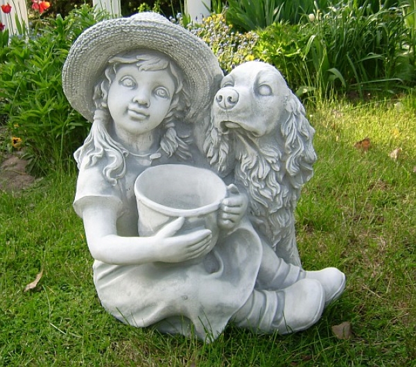 Gartenfigur, Steinfigur, "Mädchen mit Cockerspaniel & kleinem Pflanztopf" Park & Gartendekoration, Skulptur,