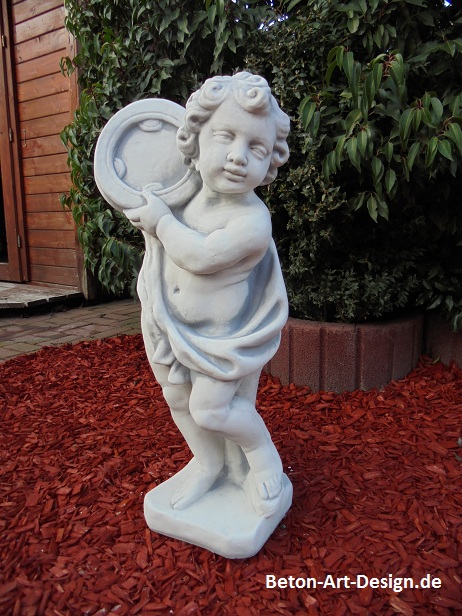Gartenfigur, Statue, Putte "mit Tamburin" 70 cm hoch, Park & Gartendekoration, Steinfigur, Skulptur, Steinguss