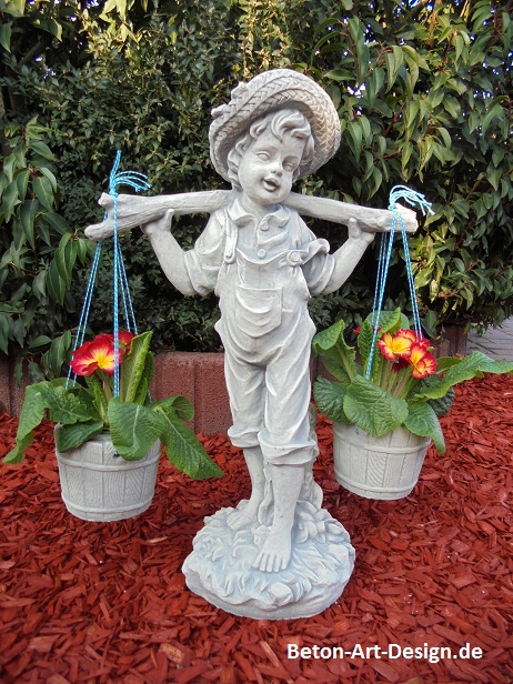 Gartenfigur "Junge mit 2 Blumentöpfen" bepflanzbar, Park & Gartendekoration, Steinguss, Skulptur, Steinfigur