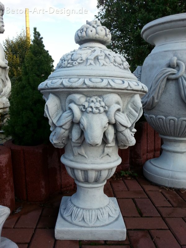 Amphore, Widderkopfvase / Vase mit Deckel, 90 cm hoch, Park & Gartendekoration, Pflanzschale, Steinguss