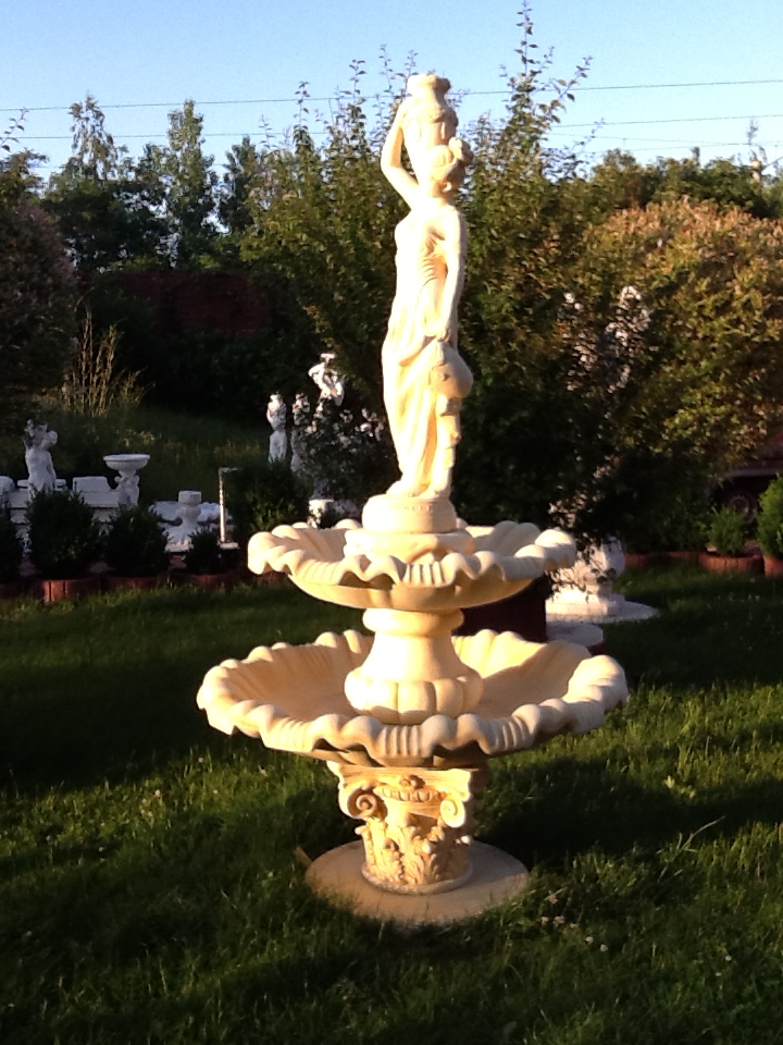Springbrunnen, Gartenbrunnen mit 2 Schalen und Brunnenfigur, Park & Gartendekoration, Steinguss