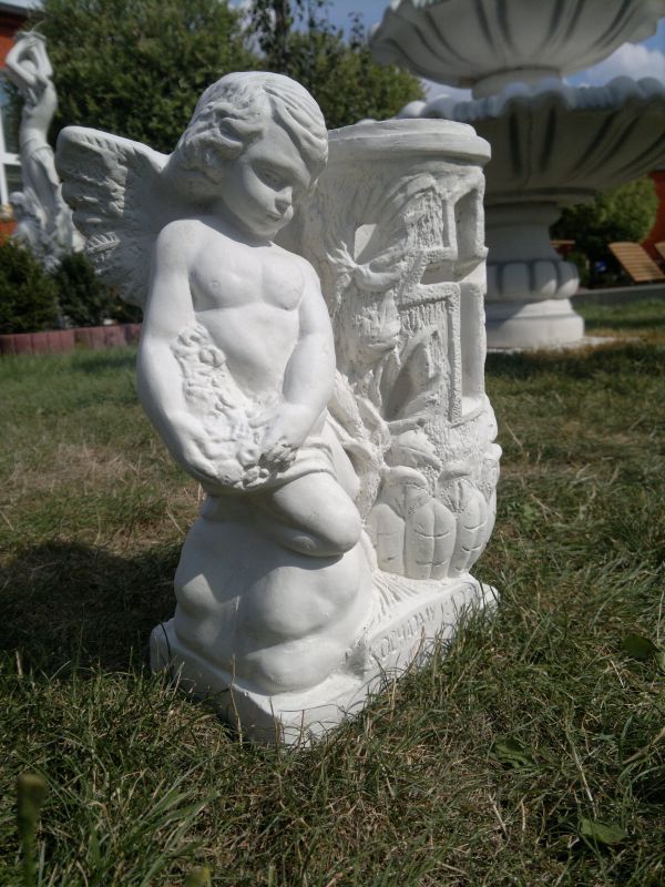 Grabengel mit Lampe / Vase weiss, 36 cm hoch, Gartenfigur, Skulptur, Steinfigur, Grabdekoration, Steinguss