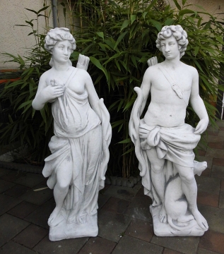 Gartenfiguren Set, Apollon & Diana "mit Pfeil und Bogen" 2 Figuren, Statuen, Park & Gartendekoration, Steinfig