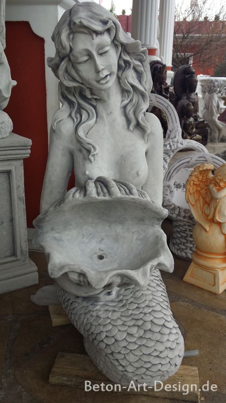 Gartenfigur, Steinfigur, Meerjungfrau mit Muschel / Wasserlauf, 75,5 cm hoch, Park & Gartendekoration, Teichfigur, Steinguss