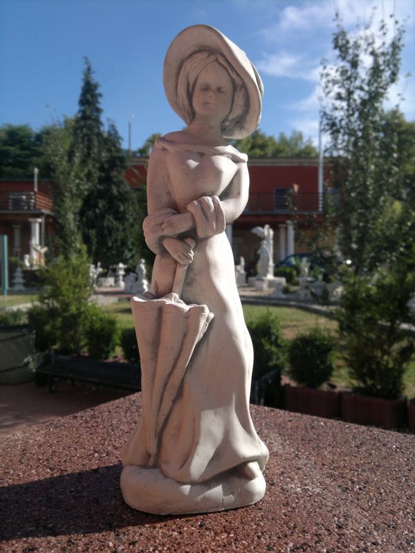 Steinfigur, Skulptur, Dekofigur "Dame mit Schirm & Hut" 30 cm hoch, Gartenfigur, Steinguss, Park & Gartendekor