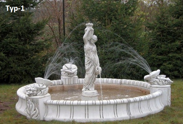 Steinbrunnen, Brunnenbecken mit Blumendekor & Brunnenfigur, Springbrunnen, Park & Gartendekoration, Steinguss