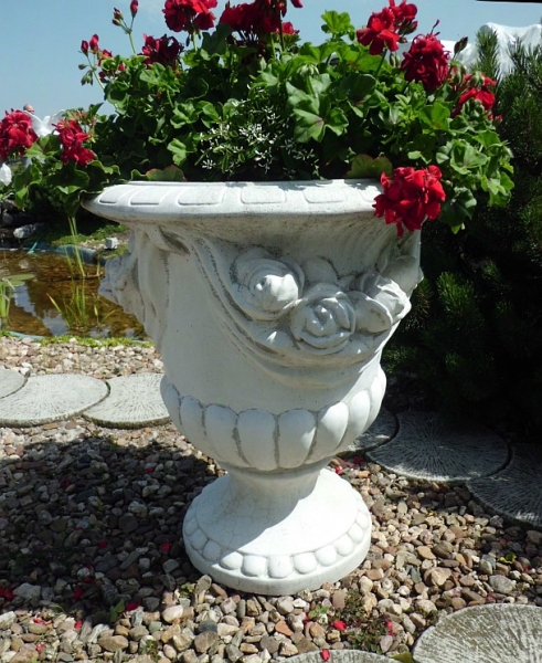 Pflanztrog / Pflanzamphore mit Rosenranken 78 cm hoch, Blumenschale, Amphore, Park & Gartendekoration, Steinguss