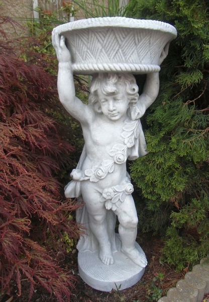 Gartenfigur, Putte trägt Blumenschale mit Rosenranke, 100 cm groß, Park & Gartendekoration, Steinfigur, Skulptur, Steingus