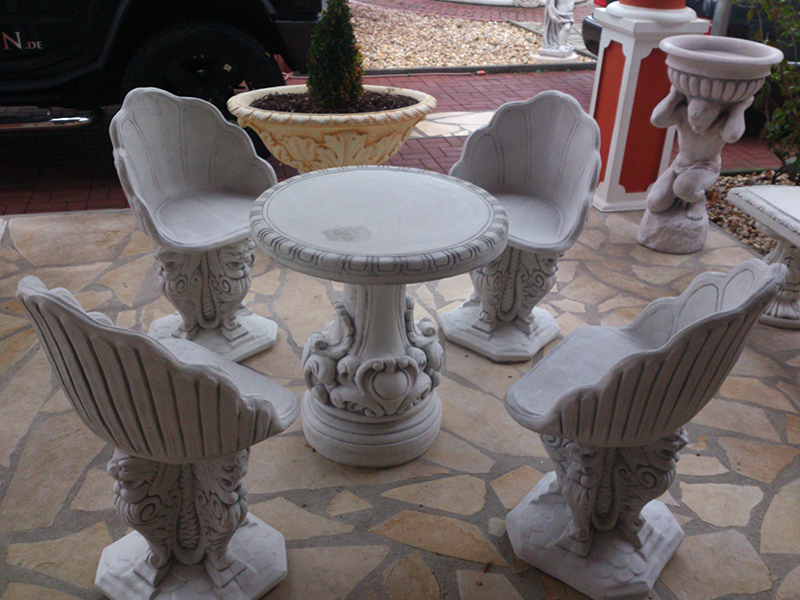 Gartenmöbel Set, 4 Sessel "Drachenköpfe" + Tisch 70cm Ø Park & Gartendekoration, Steinguss, Steinmöbel