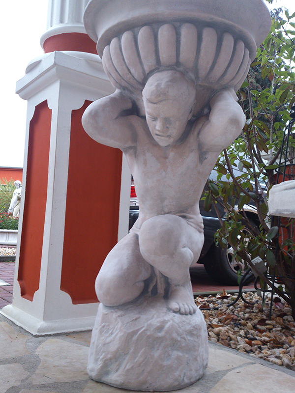 Gartenfigur mit Pflanzschale, 88 cm hoch, Statue, Skulptur, Steinkübel, Park & Gartendekoration, Steinguss